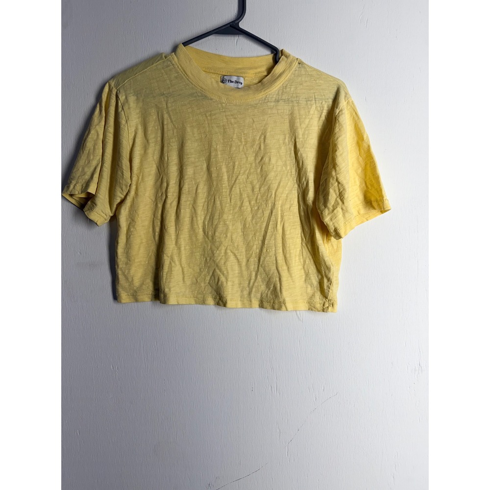 The Drop Womens Yellow Slub Knit Cropped T-Shirt XS Short Sleeve Crew Neck Top